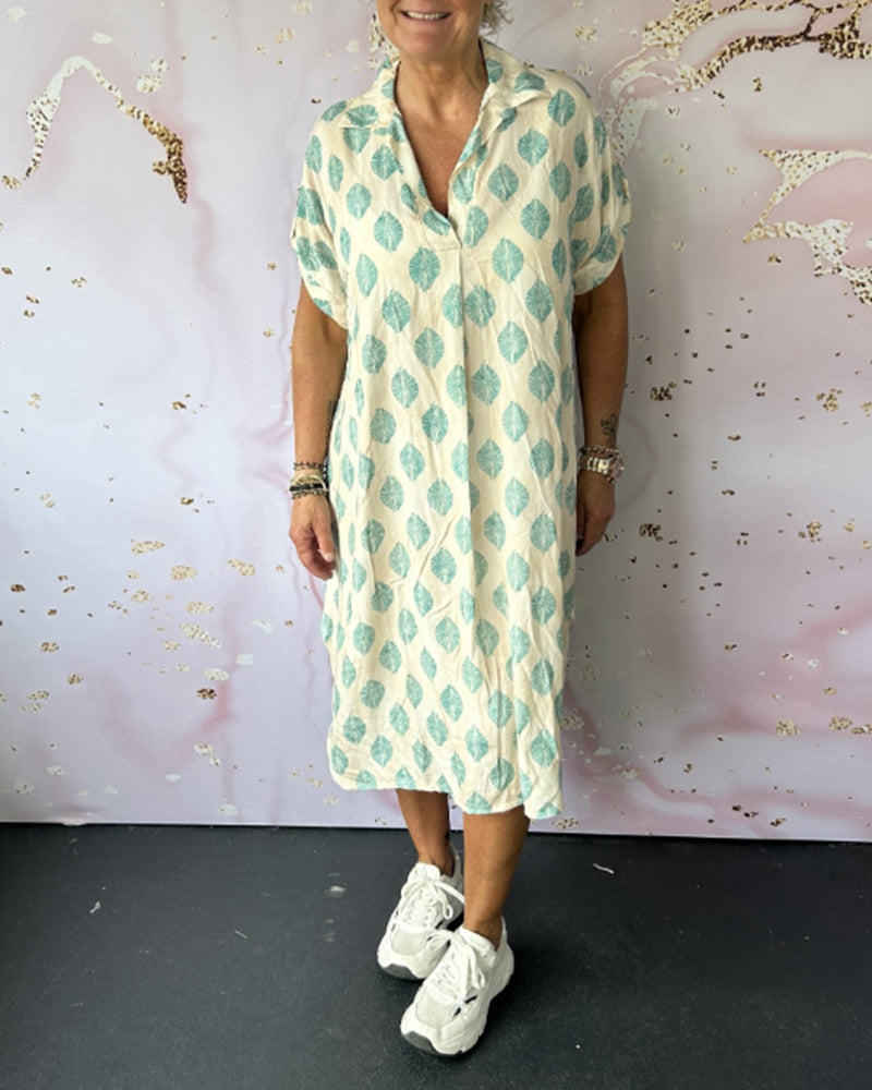 Abito Lungo Casual Donna Primavera – Colletto A Revers Maniche Corte Stile Estivo