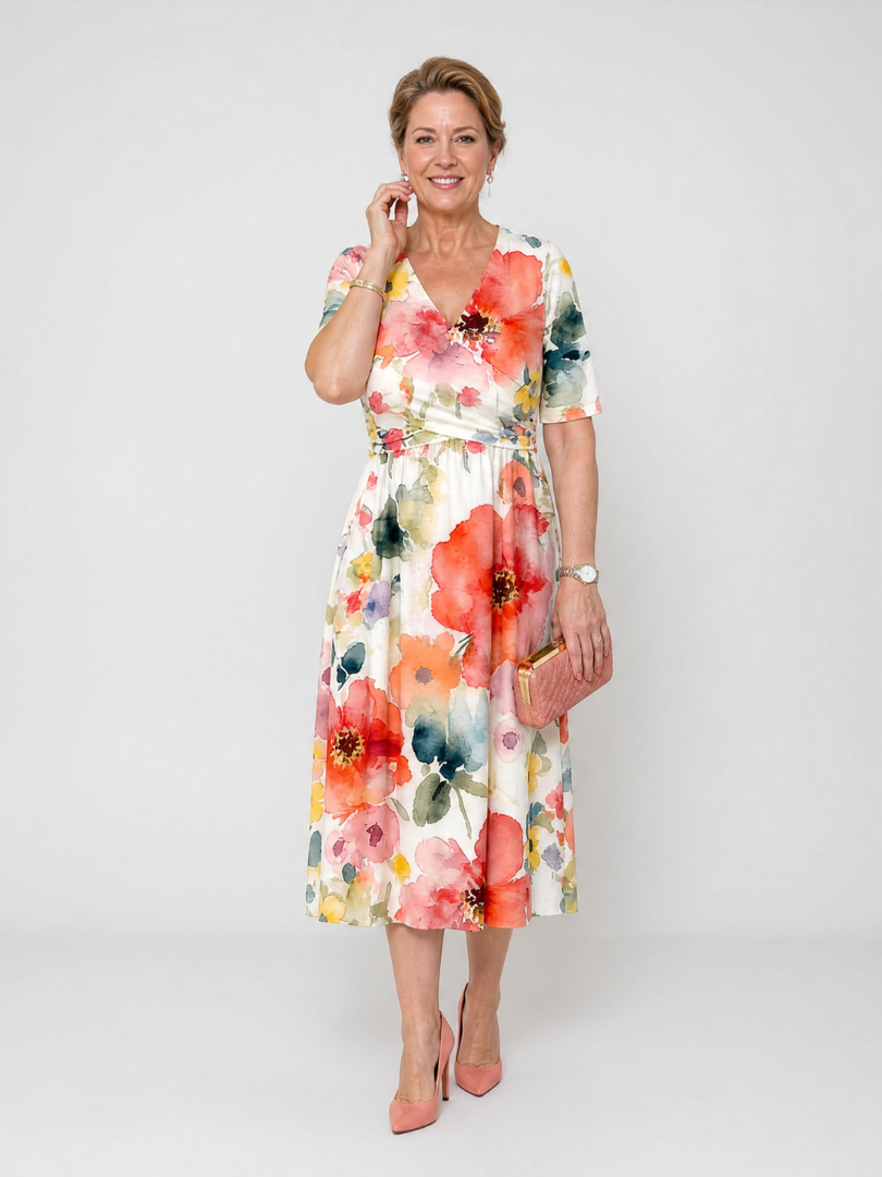 Abito midi floreale da donna con scollo a V e maniche corte - Leggero e femminile