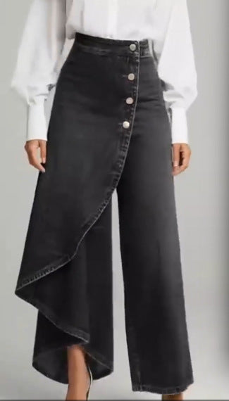 Pantaloni in finto denim a gamba dritta da donna – Pantaloni alla moda con bottoni arricciati