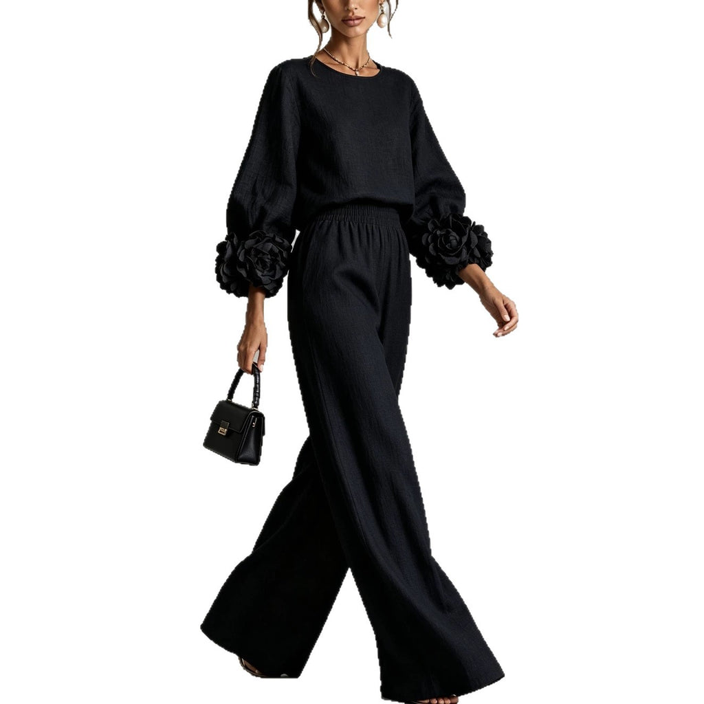 Ensemble femme avec top à poignets fleuris et pantalon ample – Élégant et décontracté
