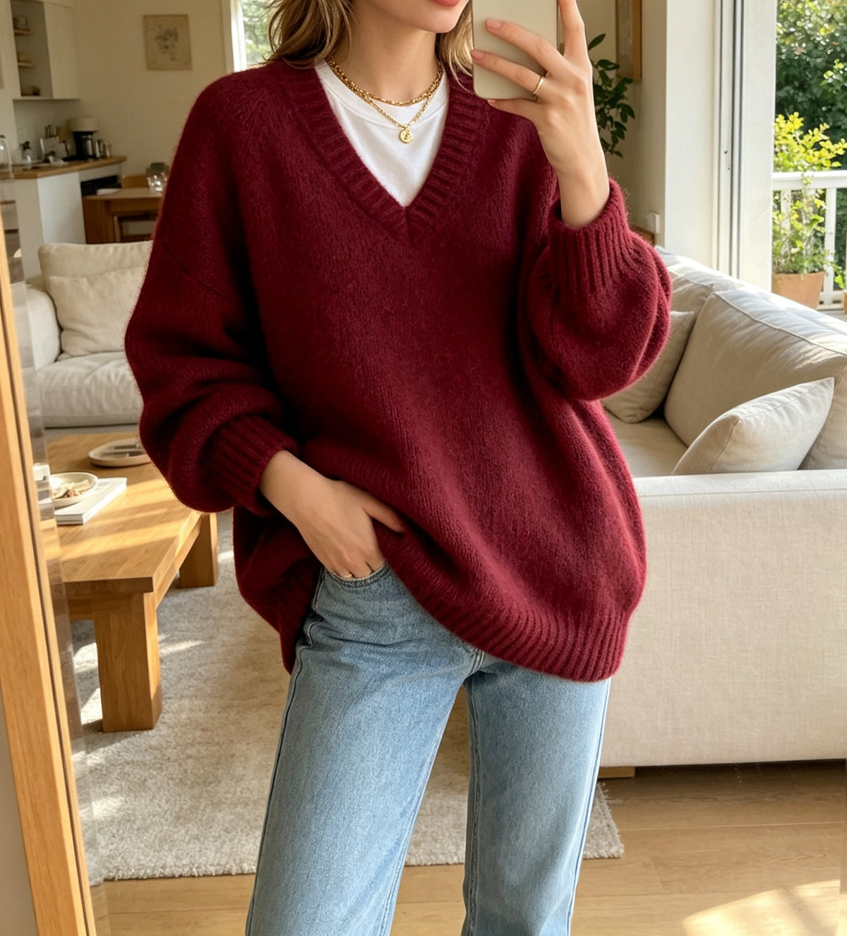 Pull femme ample à col V - Doux et décontracté