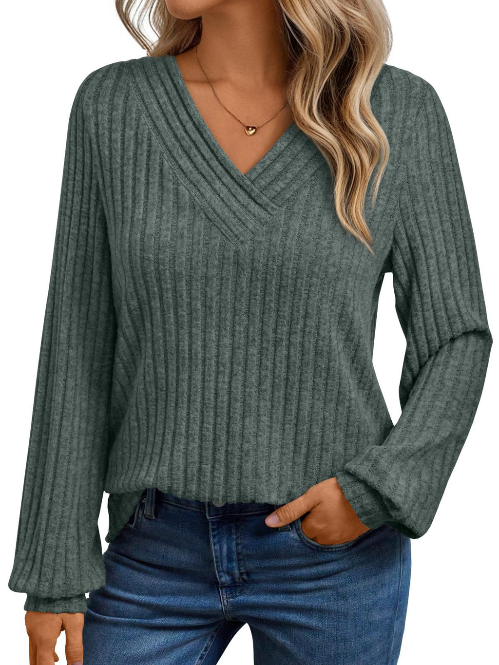 Pull femme côtelé à col en V - Doux et décontracté