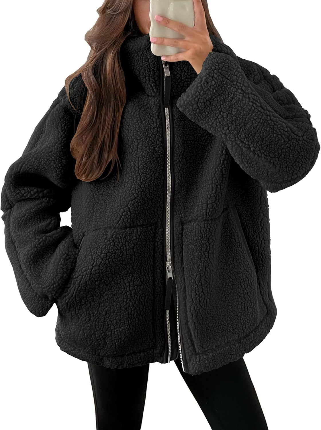 Giacca in pile da donna con colletto a punta – Capospalla casual semplice con tasche