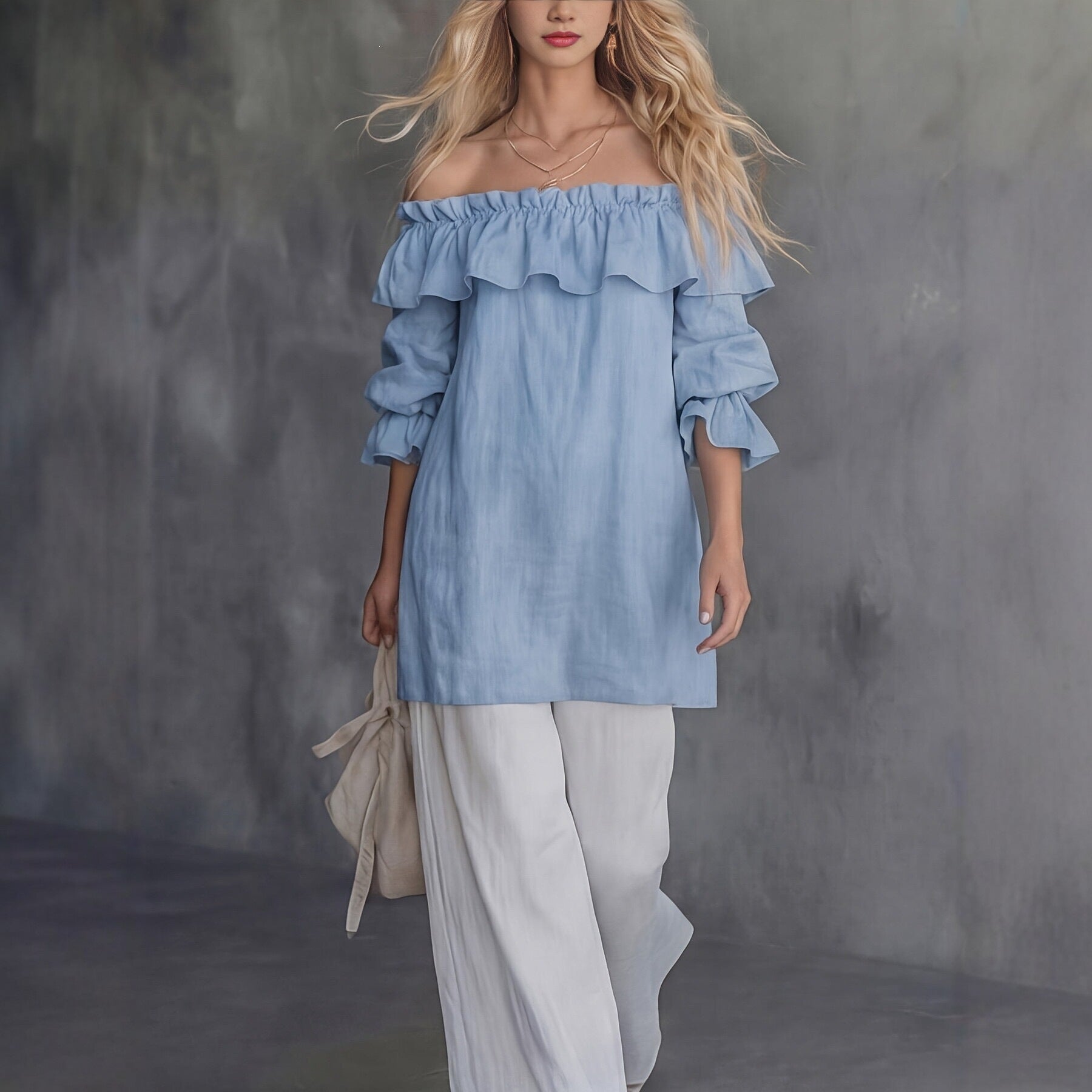 Blusa donna monospalla con volant e maniche a sbuffo - Fluida ed elegante