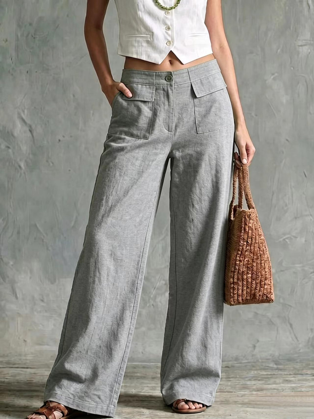 Womens Solid-color Fashionable Loose Casual Elastic-waist Trousers