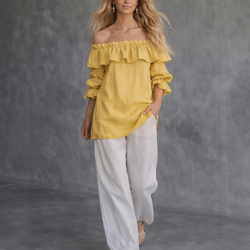Blusa donna monospalla con volant e maniche a sbuffo - Fluida ed elegante