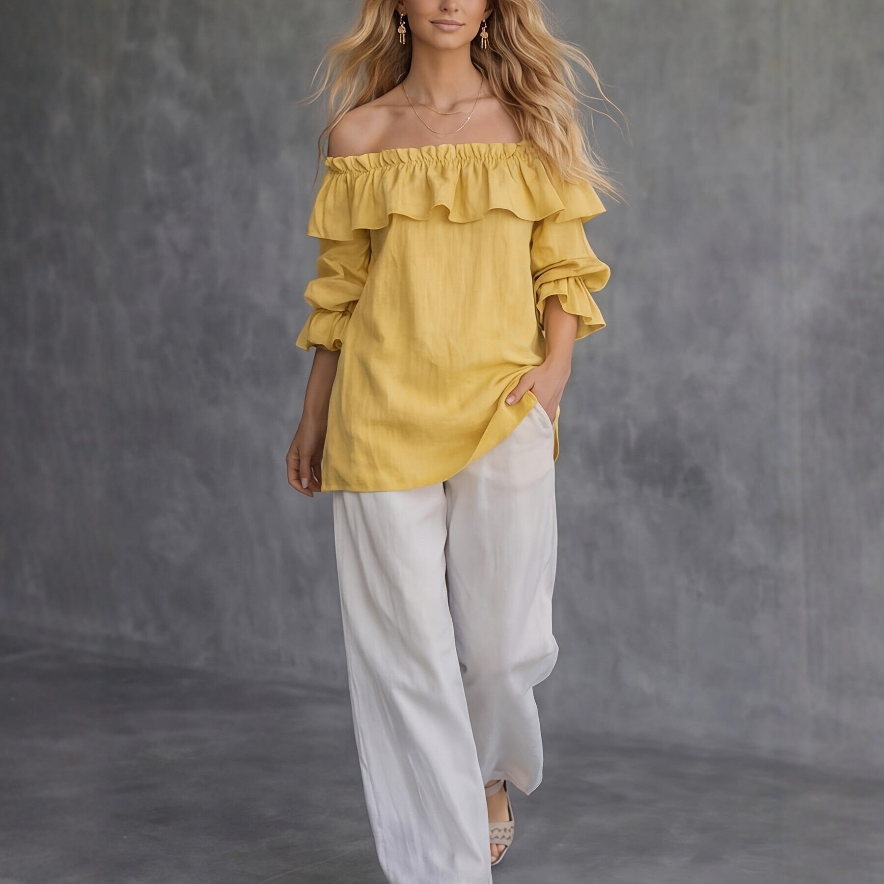 Blusa donna monospalla con volant e maniche a sbuffo - Fluida ed elegante