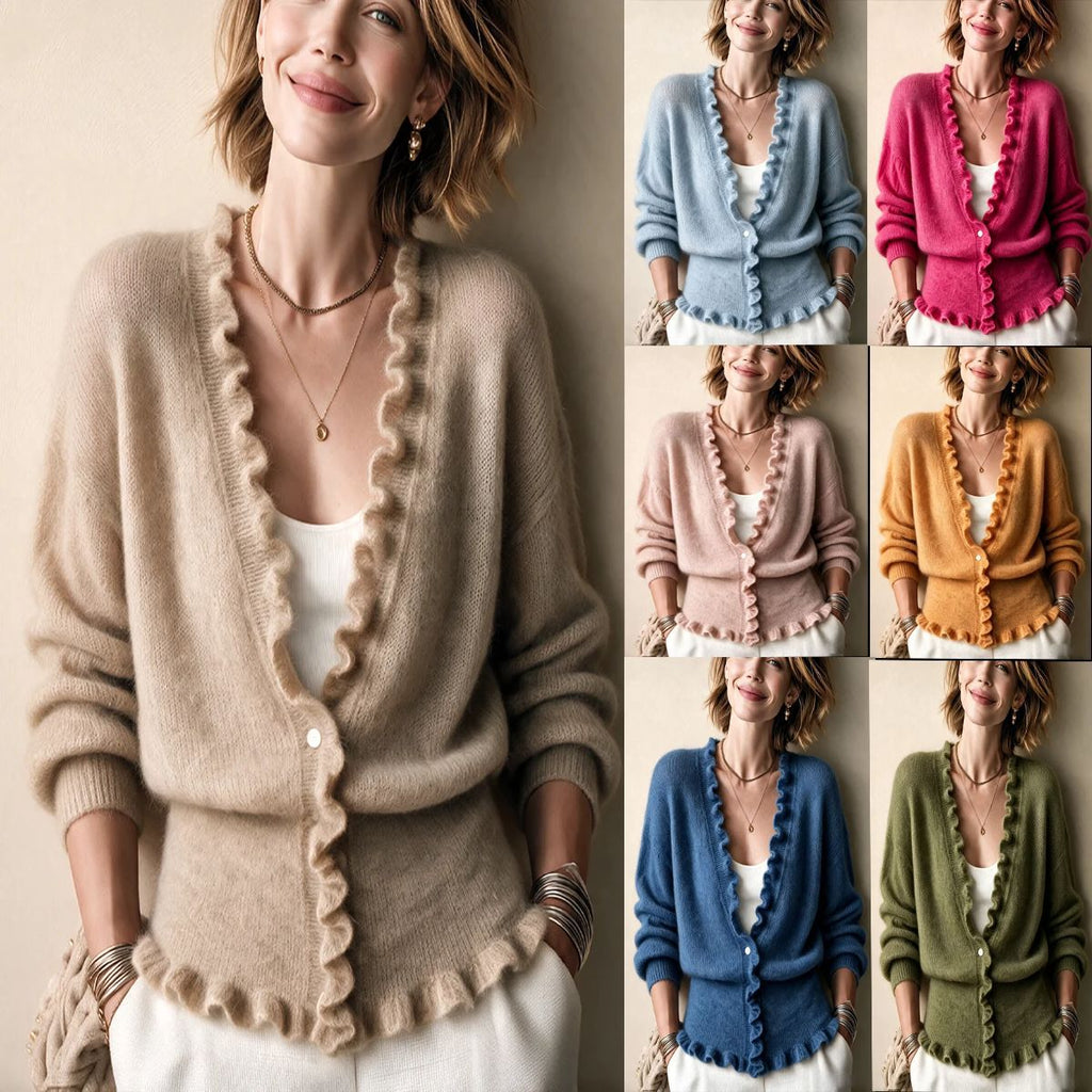 Cardigan donna con scollo a V e orlo volant - Morbido e femminile