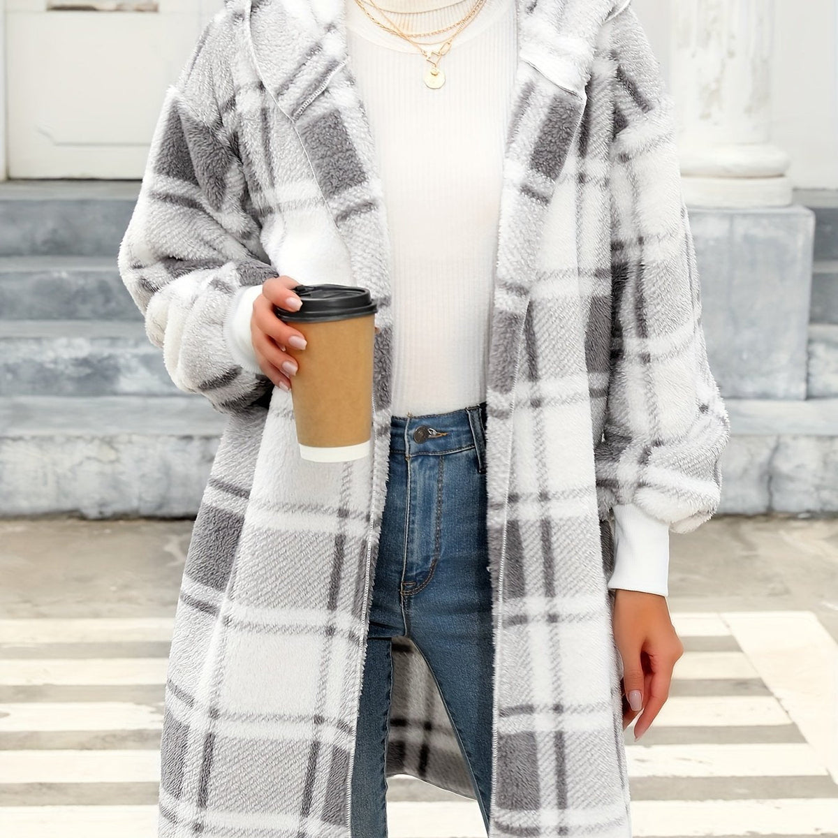 Cardigan donna a quadri con cappuccio - Morbido e casual