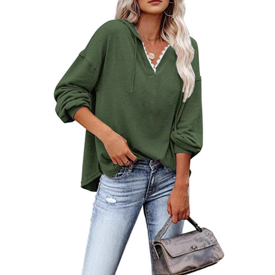 Felpa donna con cappuccio, pizzo e scollo a V a maniche lunghe