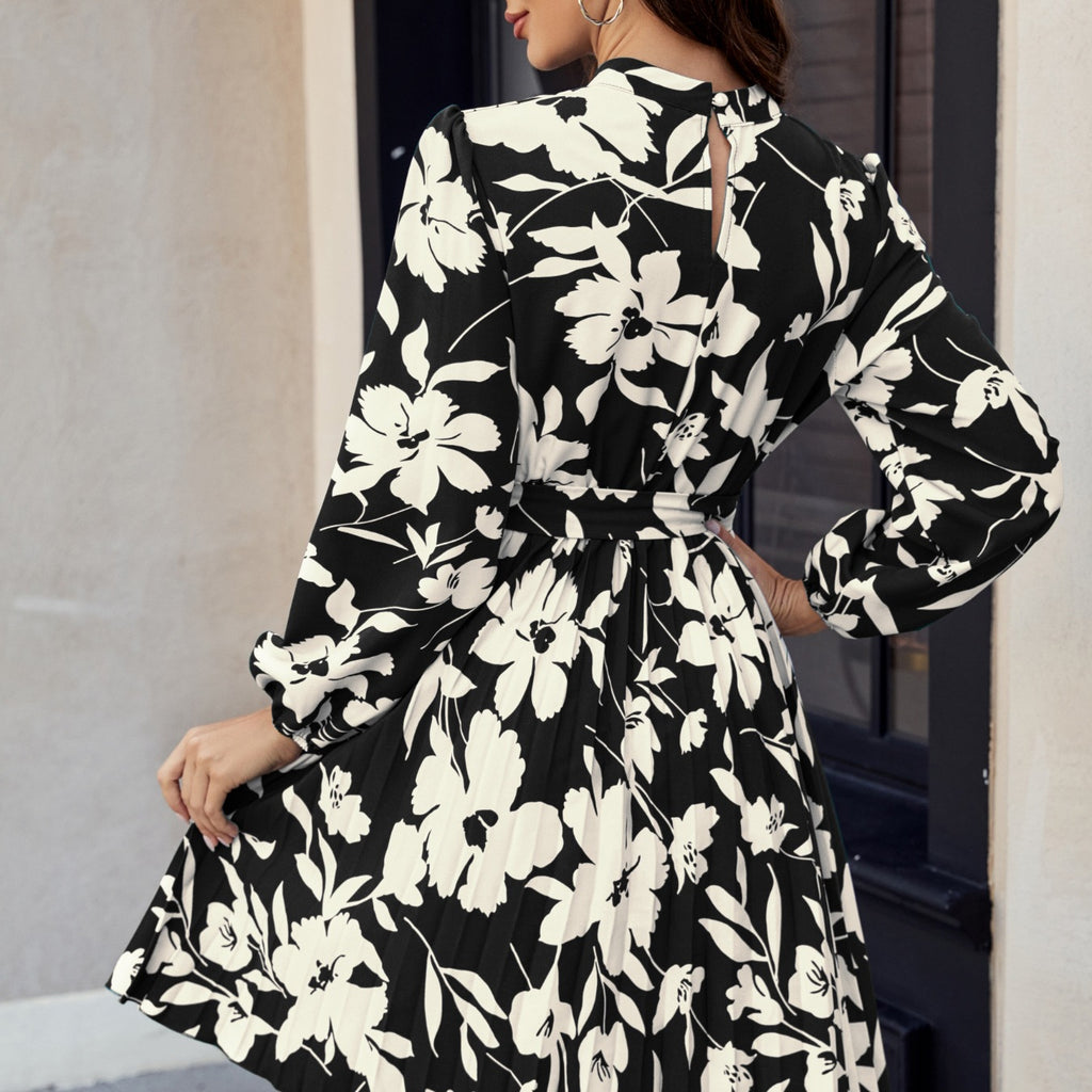 Womens Fashion Printed Long-sleeve Crew-neck Dress