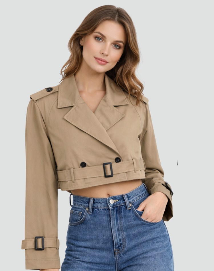 Trench-coat femme court en coton, coupe droite - Classique et polyvalent