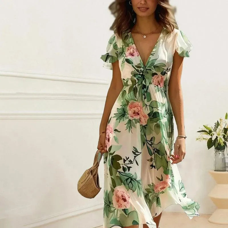 Abito midi floreale verde da donna – Vestito elegante e fluido estivo