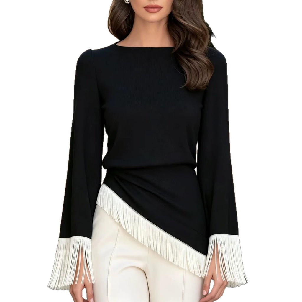 Top donna in maglia color block con maniche svasate – Moderno e femminile