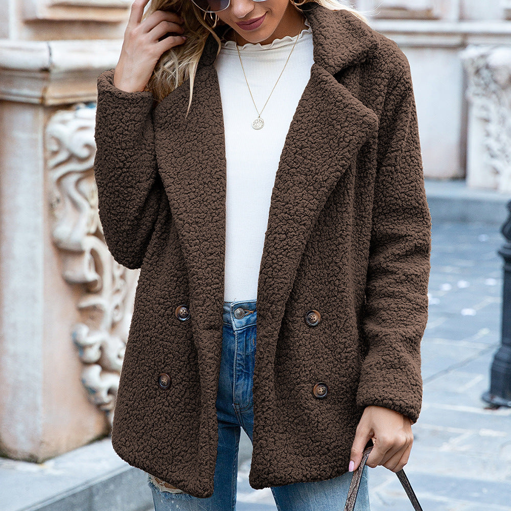 Women's soft faux fur teddy jacket, short cut, buttons, versatile