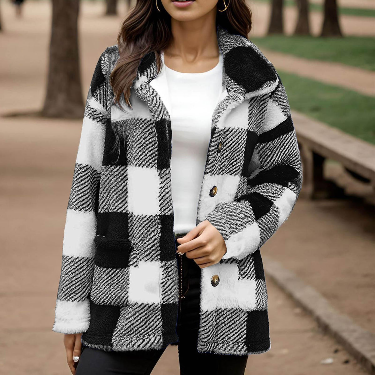 Manteau peluche à carreaux pour femme - Chaud et pratique