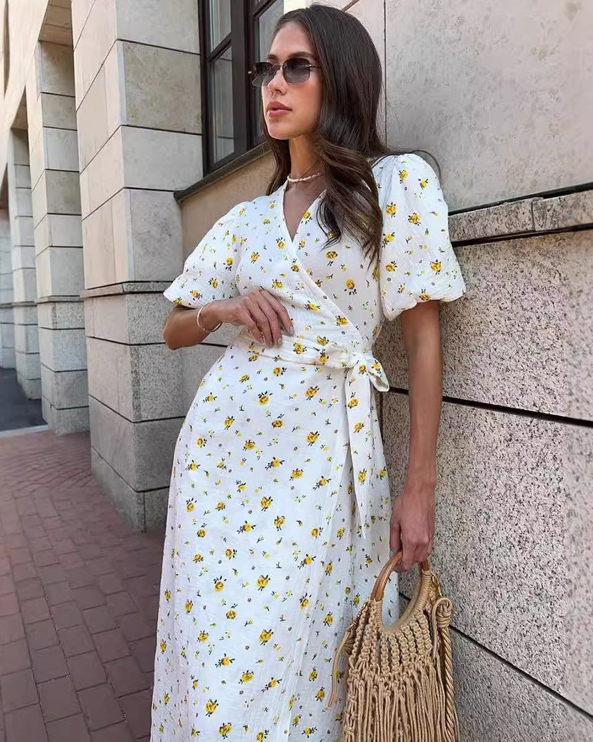 Abito lungo floreale da donna con scollo a V e laccio frontale