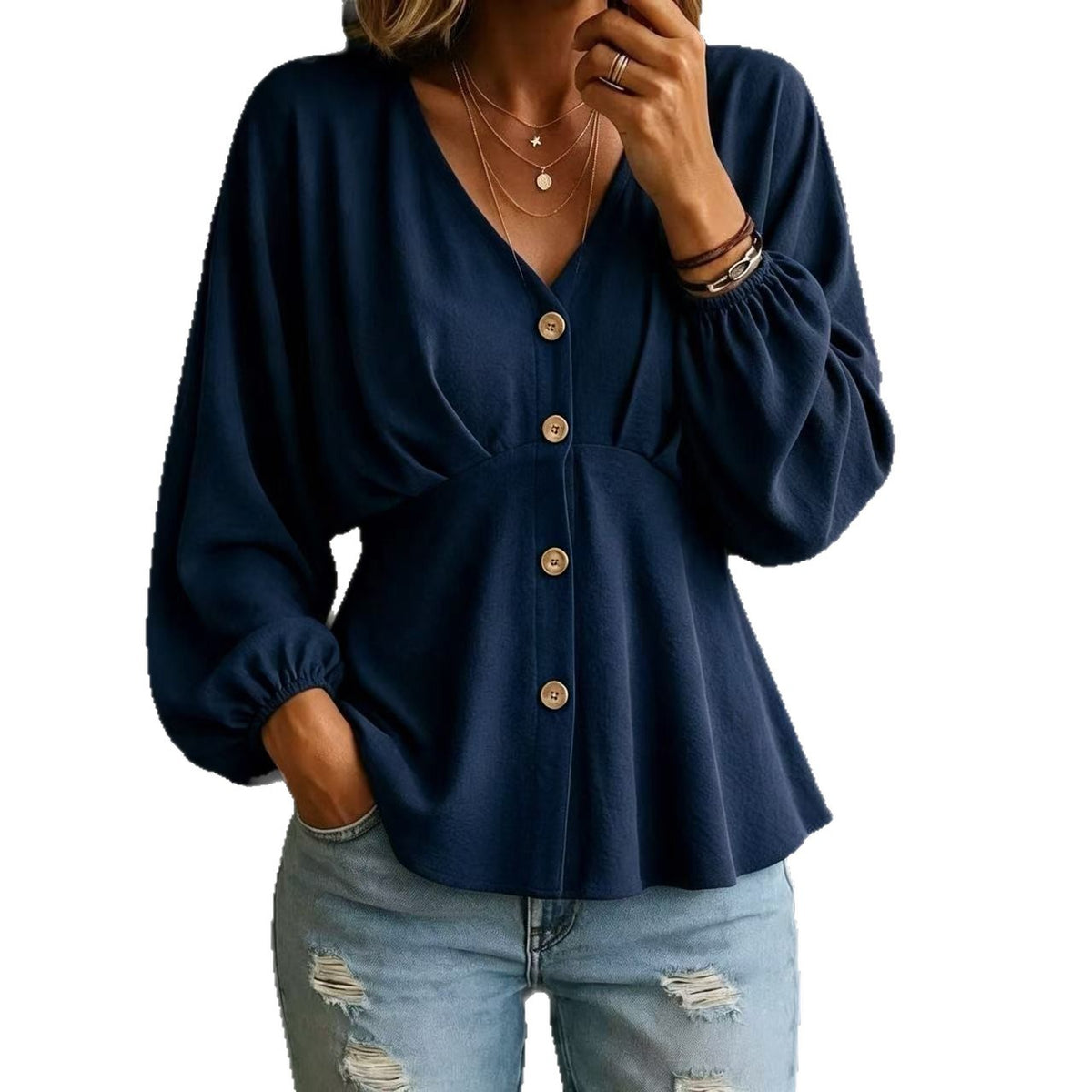 Women's draped lantern-sleeve shirt - Fluid and versatile