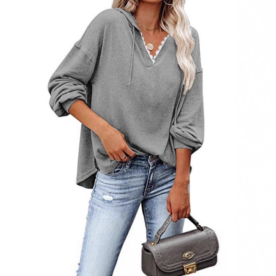 Felpa donna con cappuccio, pizzo e scollo a V a maniche lunghe