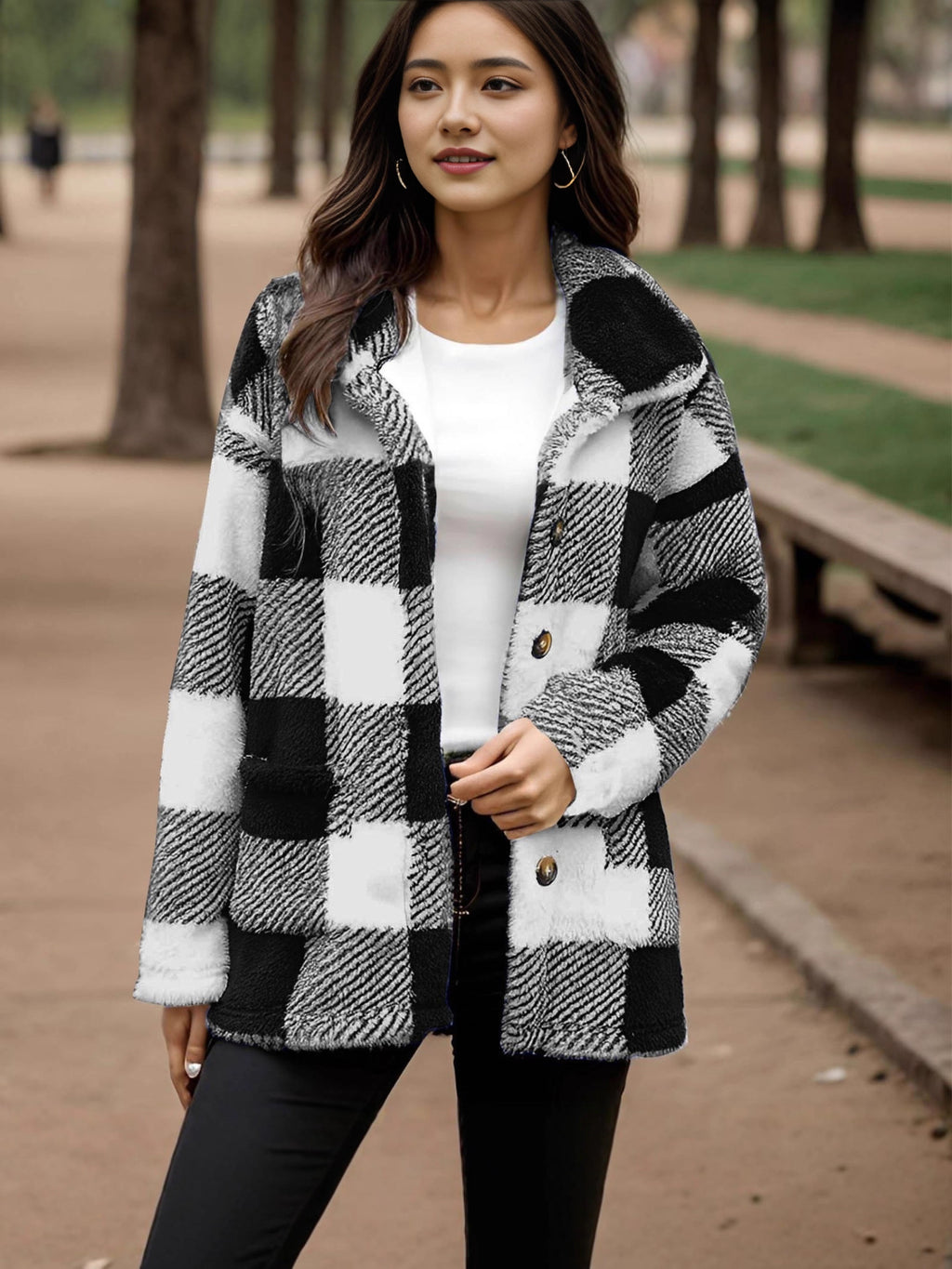 Manteau peluche à carreaux pour femme - Chaud et pratique