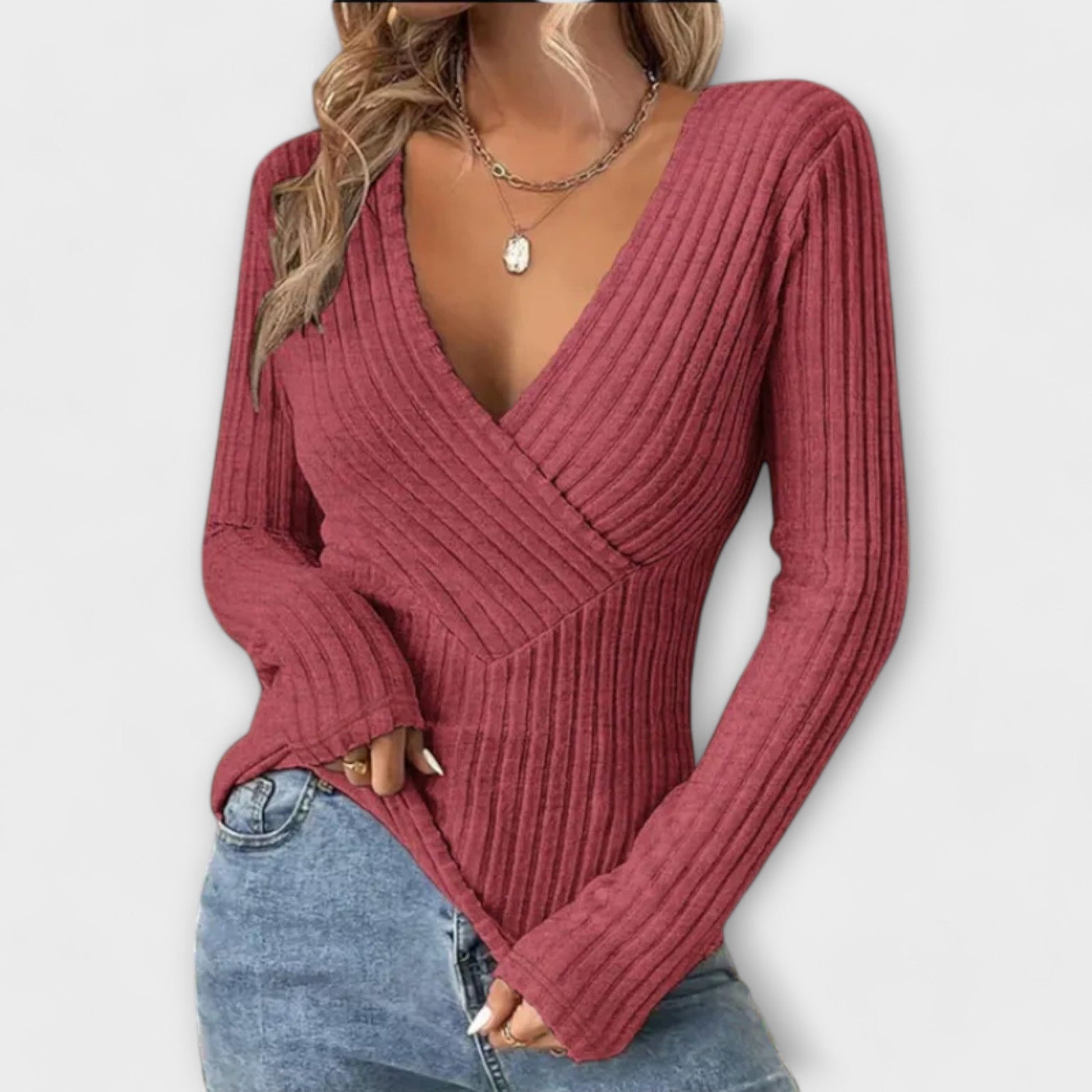 Maglione da donna con scollo a V intrecciato – Maglia a coste a maniche lunghe