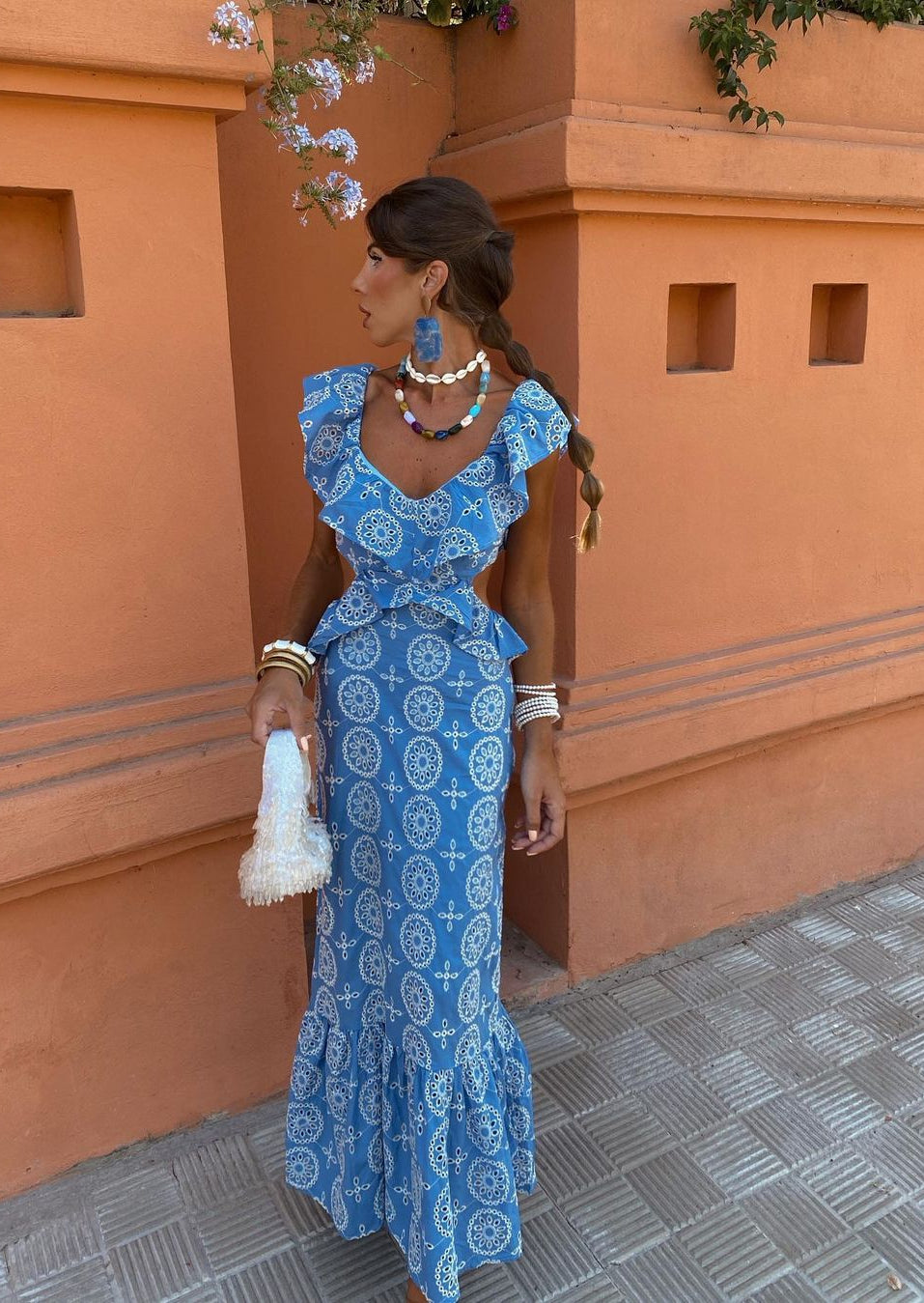 Abito maxi ricamato da donna con schiena scoperta – Elegante ed estivo