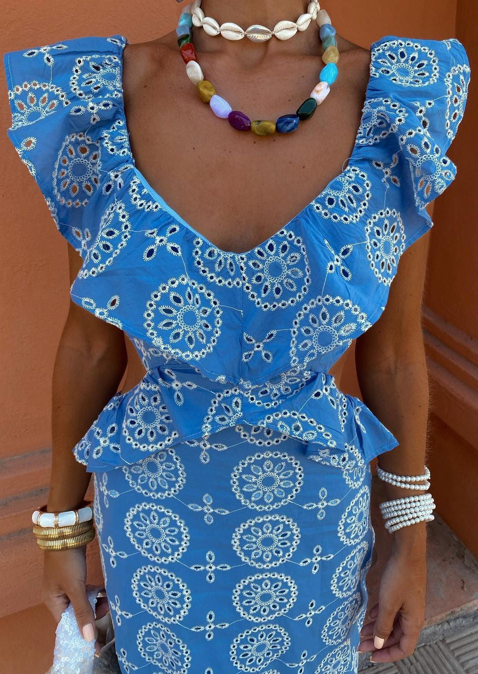 Abito maxi ricamato da donna con schiena scoperta – Elegante ed estivo