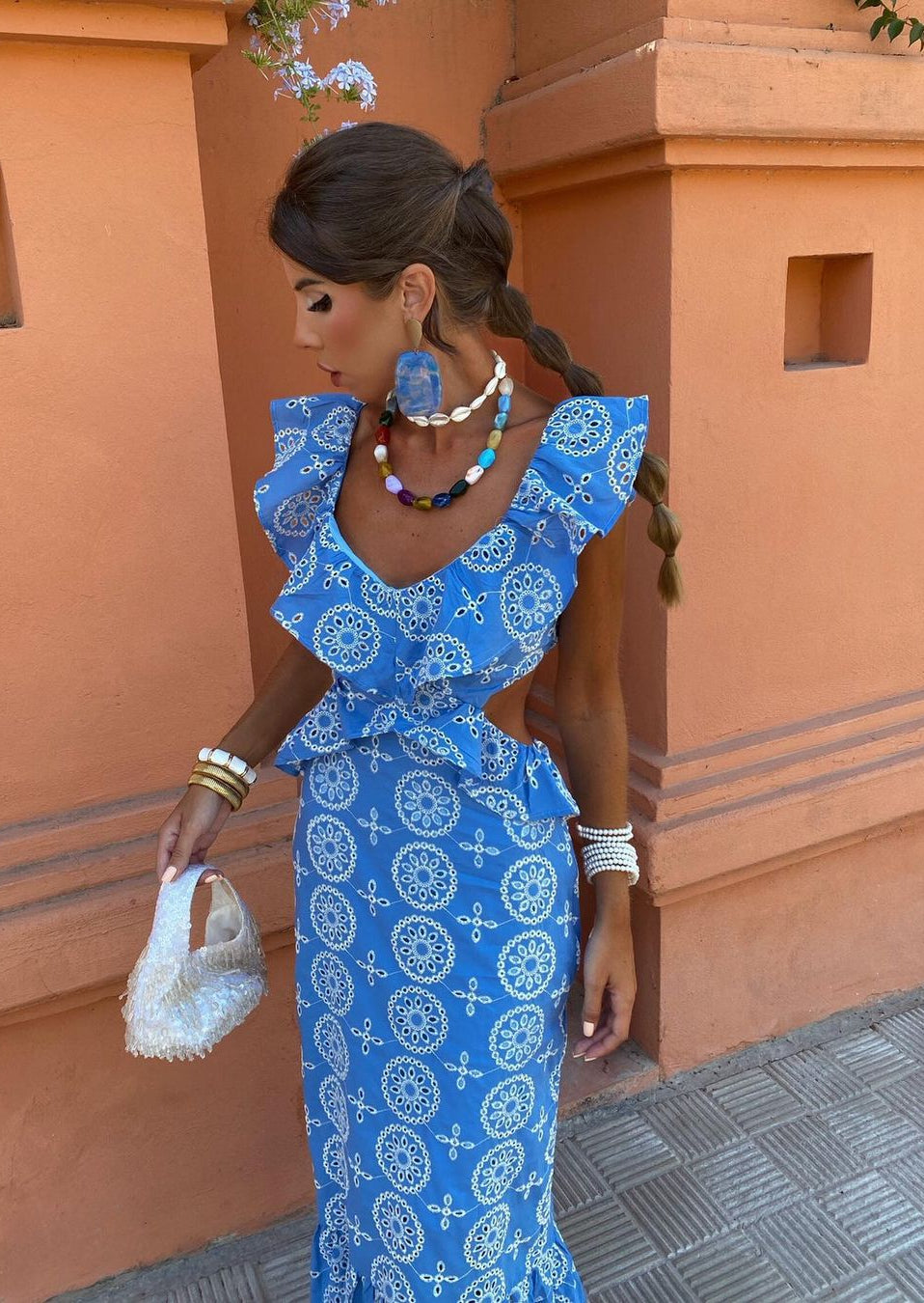 Abito maxi ricamato da donna con schiena scoperta – Elegante ed estivo