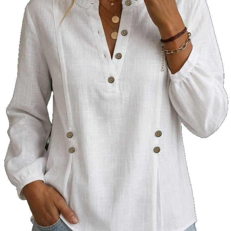 Camicia da donna in cotone e lino con collo alla mandarina – Modello casual estivo a maniche lunghe