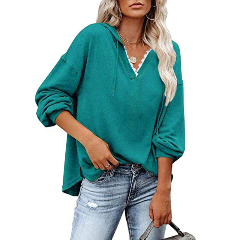 Felpa donna con cappuccio, pizzo e scollo a V a maniche lunghe