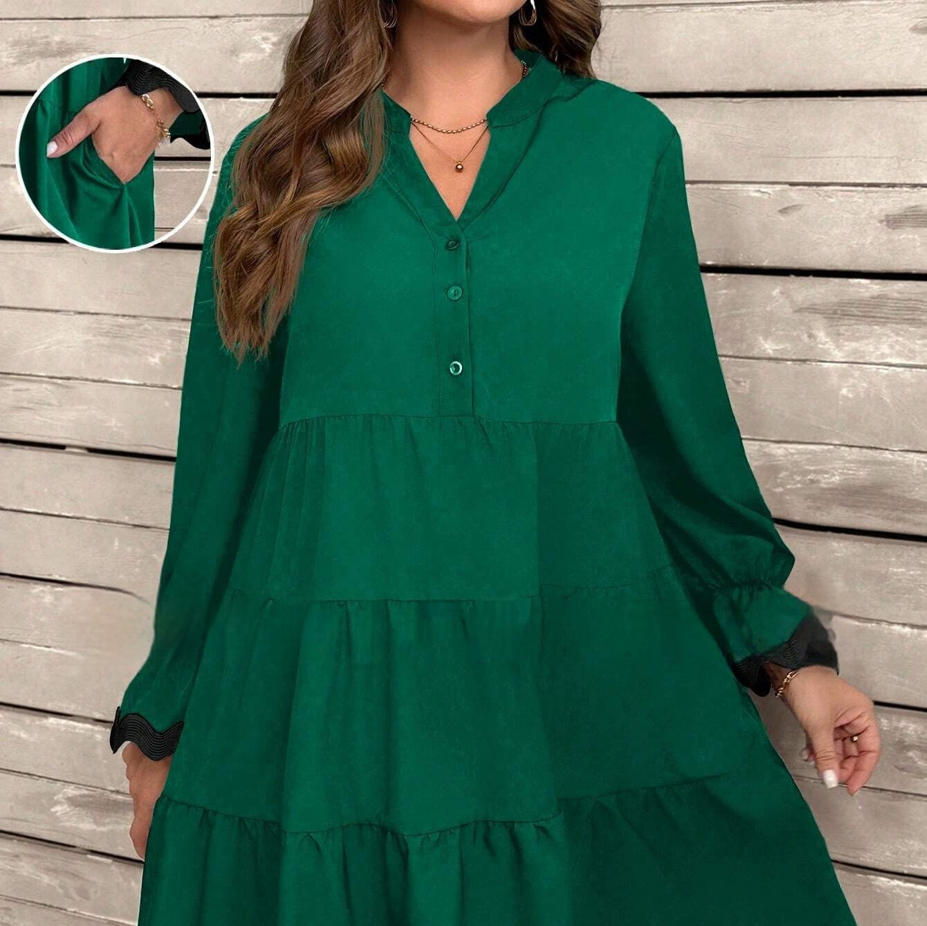 Abito midi donna scollo a V con inserti e maniche lunghe