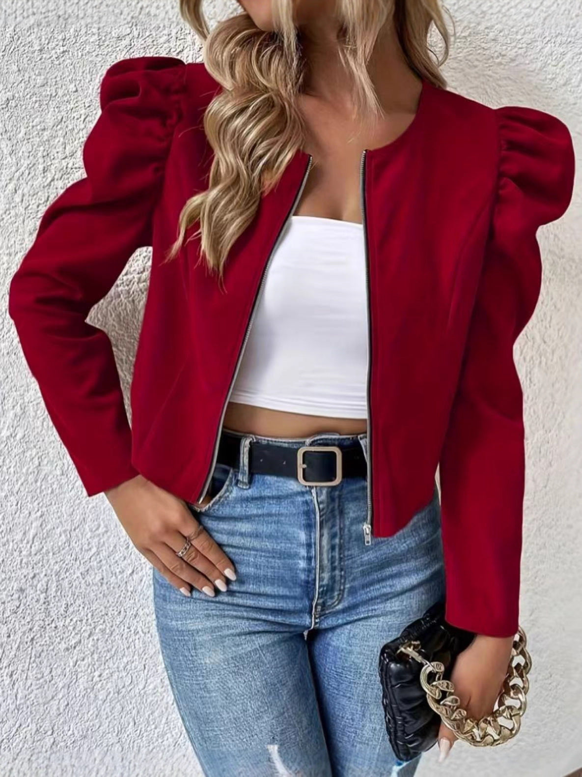 Cardigan da donna girocollo con zip e maniche a sbuffo
