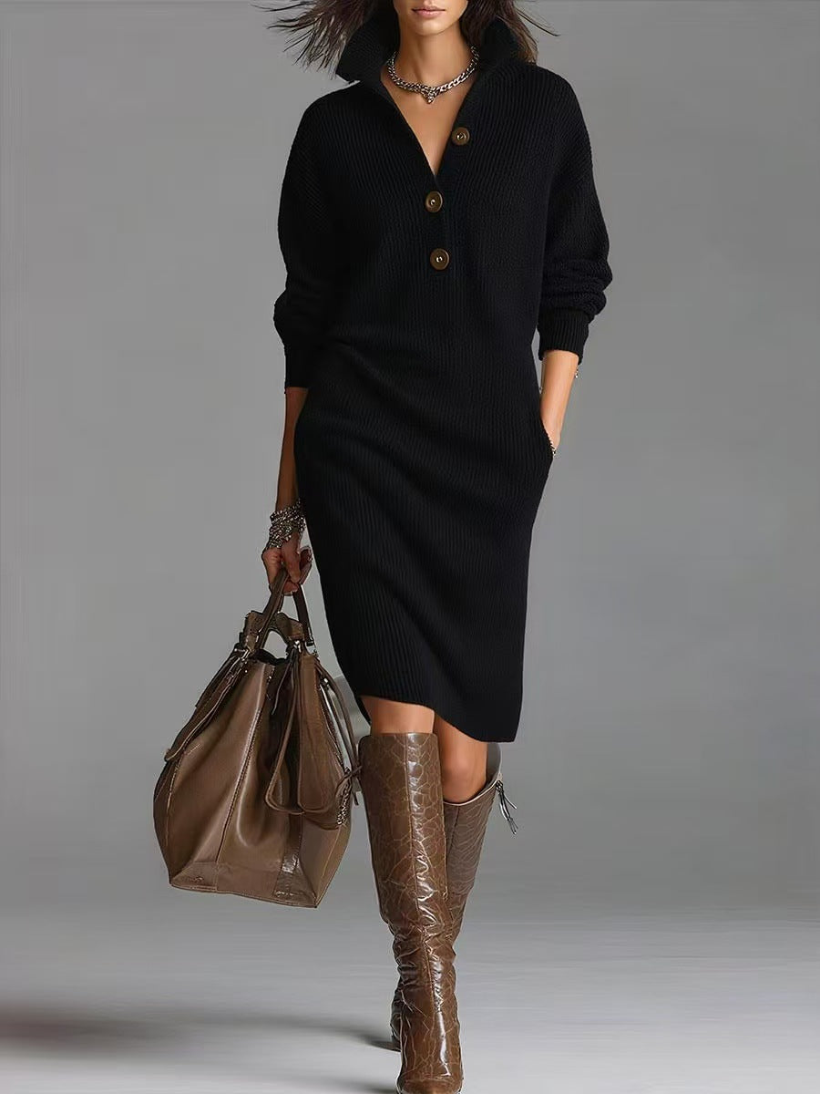 Abito in maglia a maniche lunghe da donna – Scollo a V alto con bottoni
