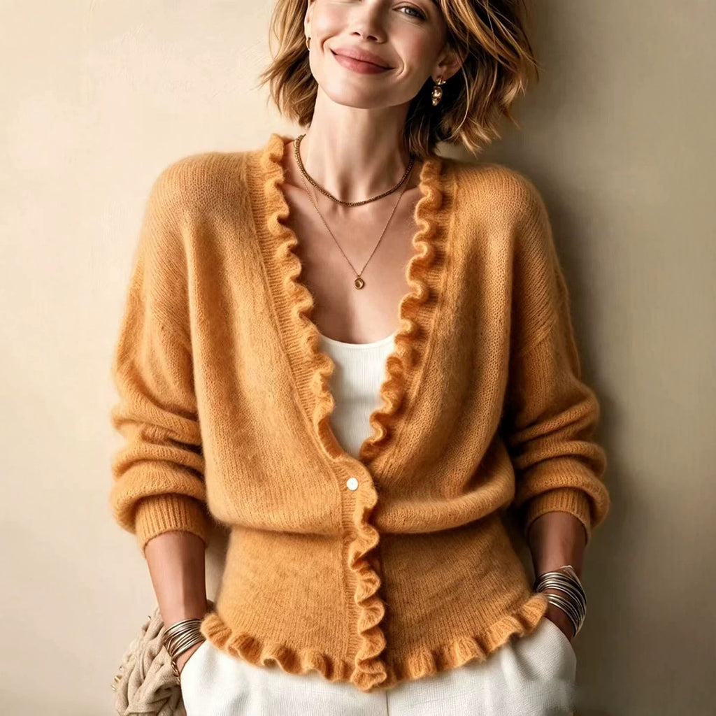 Cardigan donna con scollo a V e orlo volant - Morbido e femminile