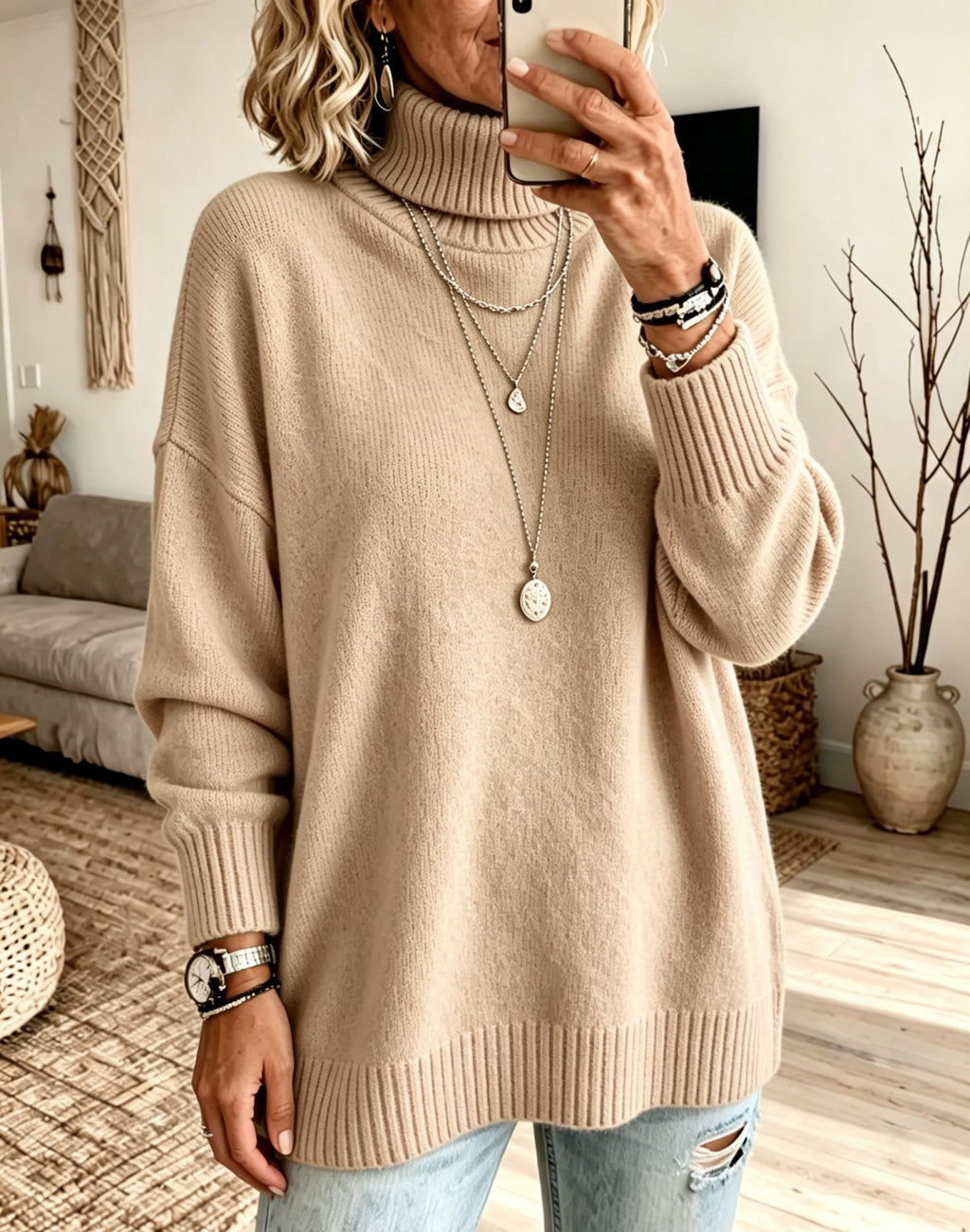 Pull femme ample à col roulé - Chaud et facile à porter