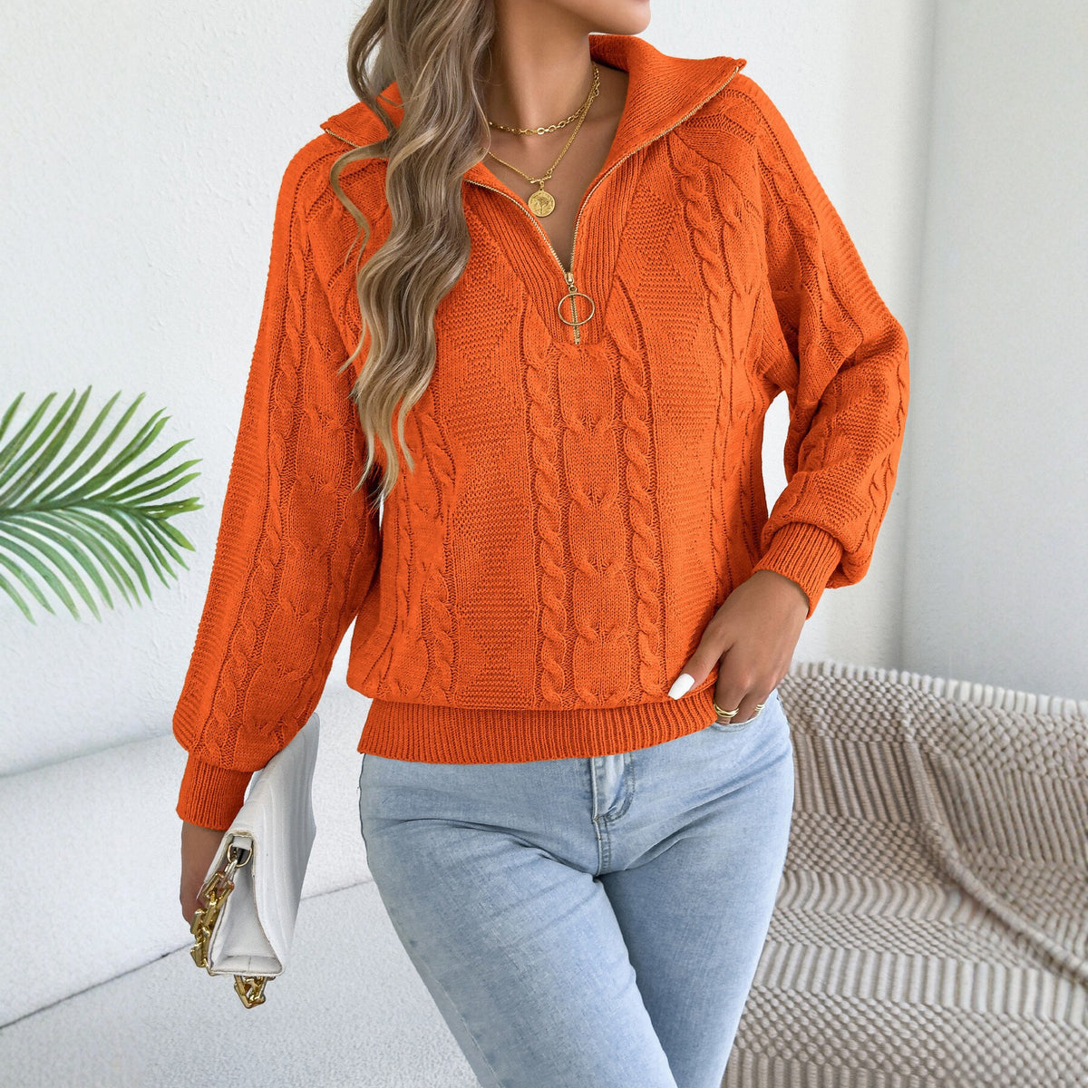 Pull femme torsadé à fermeture éclair - Chaud et pratique
