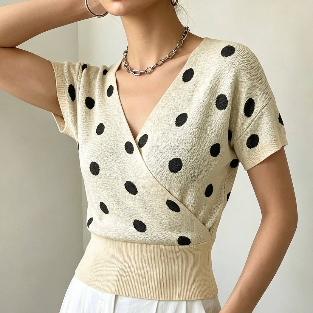 Top femme en maille à col V à pois - Léger et ravissant
