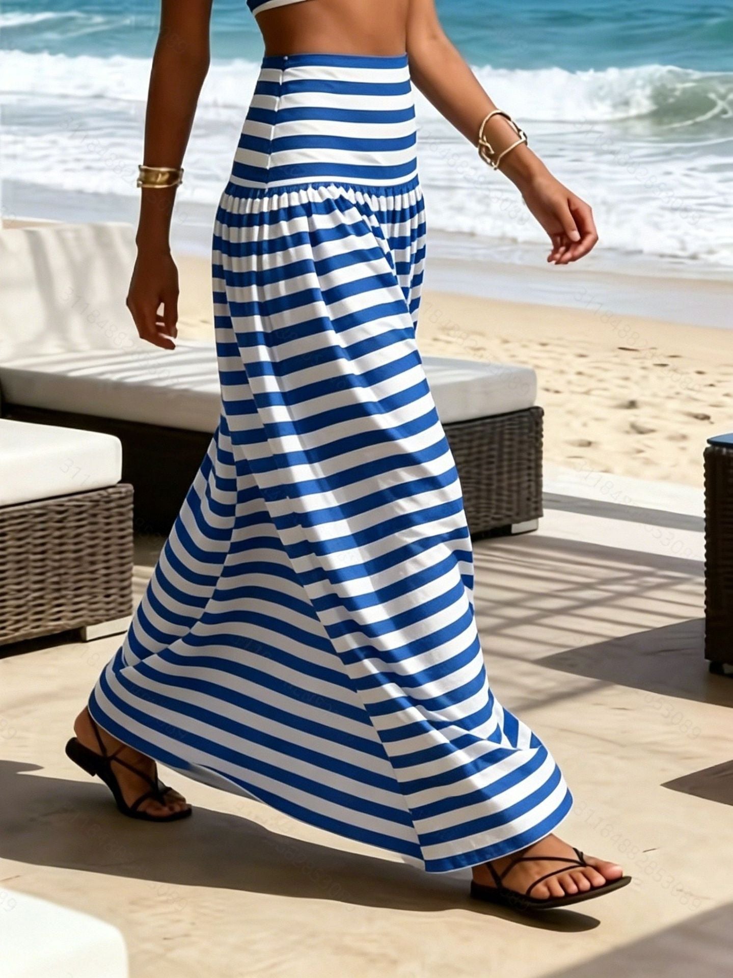 Gonna midi svasata donna a vita alta a righe stile mare - Fluida ed estiva