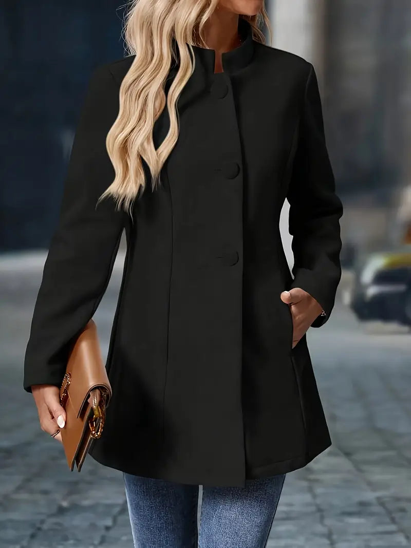 Elegante cappotto invernale di media lunghezza per donna – Cappotto con collo alto e bottoni