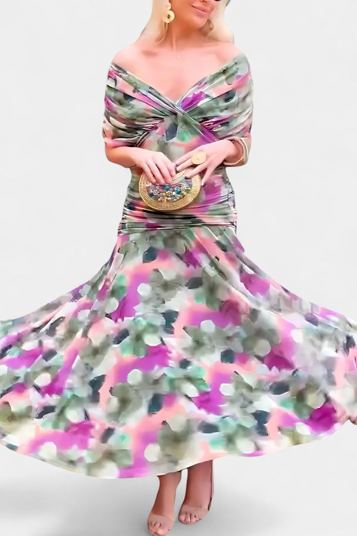 Elegante abito lungo da donna con scollo a V e stampa floreale – Abito estivo lungo e fluido