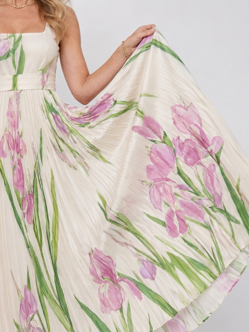 Abito midi plissettato da donna senza maniche con scollo quadrato - Elegante ed estivo