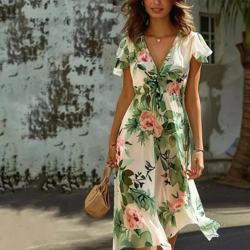 Abito midi floreale verde da donna – Vestito elegante e fluido estivo