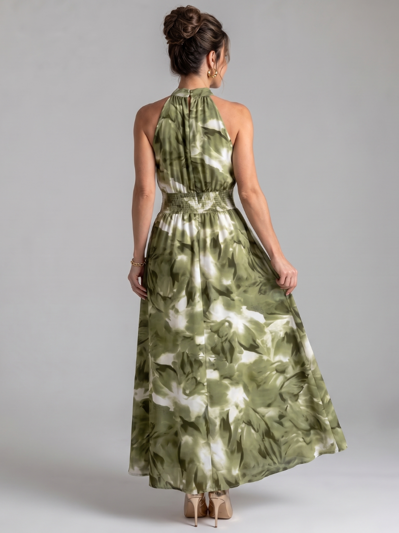 Abito midi da donna con stampa astratta e vita arricciata - Fluido ed elegante