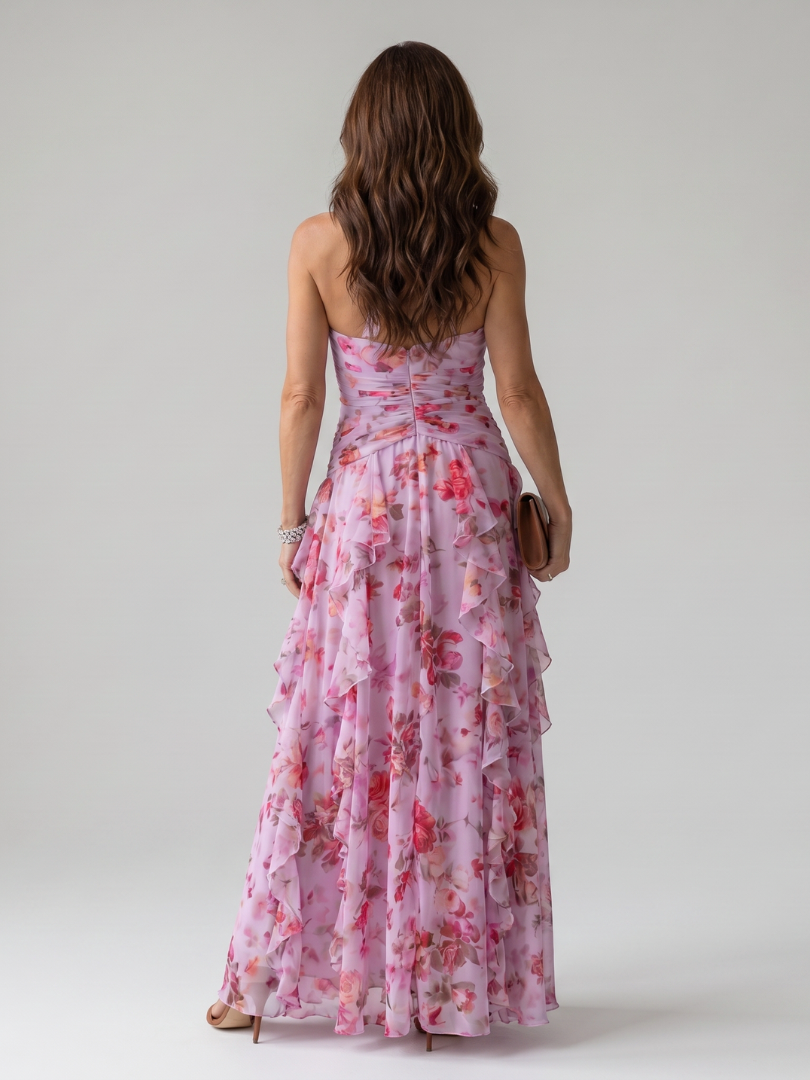 Abito maxi floreale da donna con collo halter e corpetto arricciato - Raffinato ed estivo