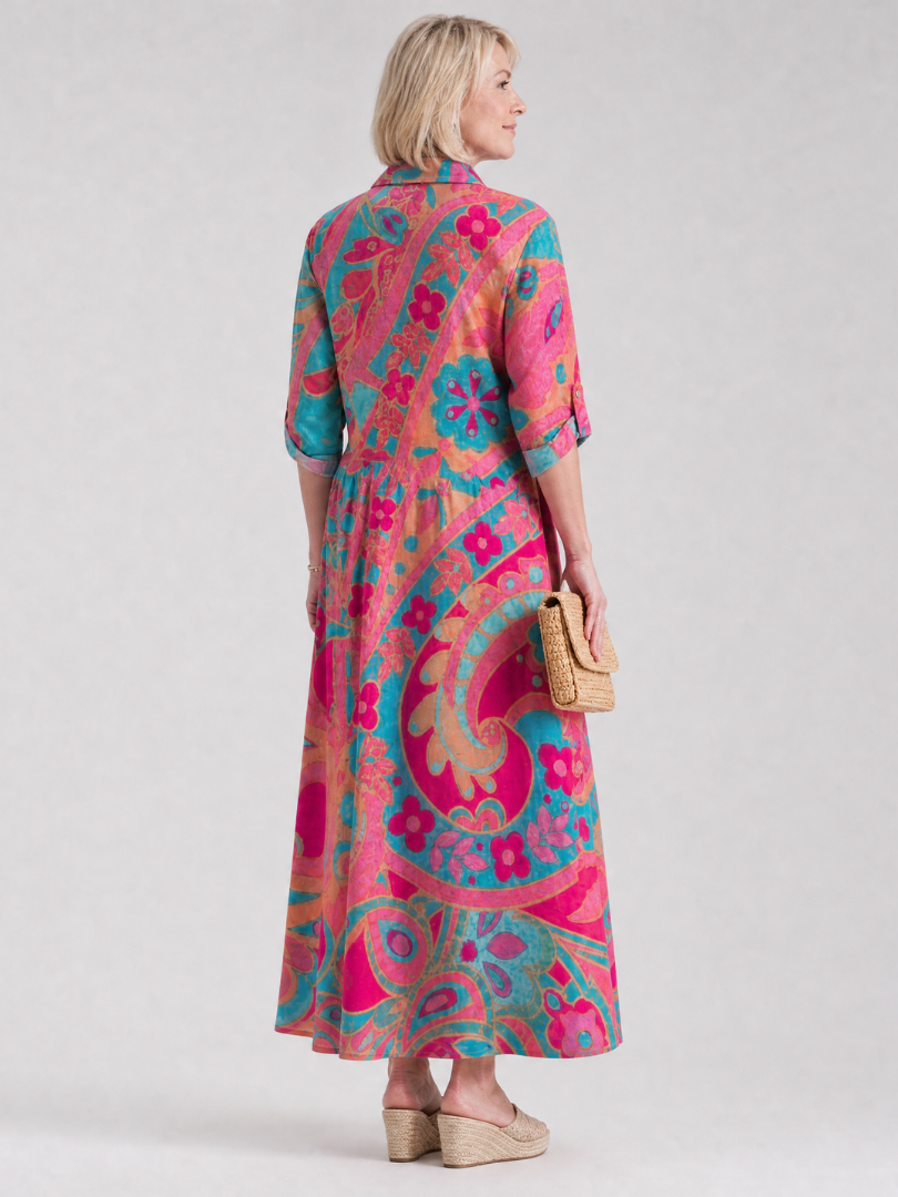 Abito midi stampato da donna con colletto e bottoni - Elegante e facile da indossare