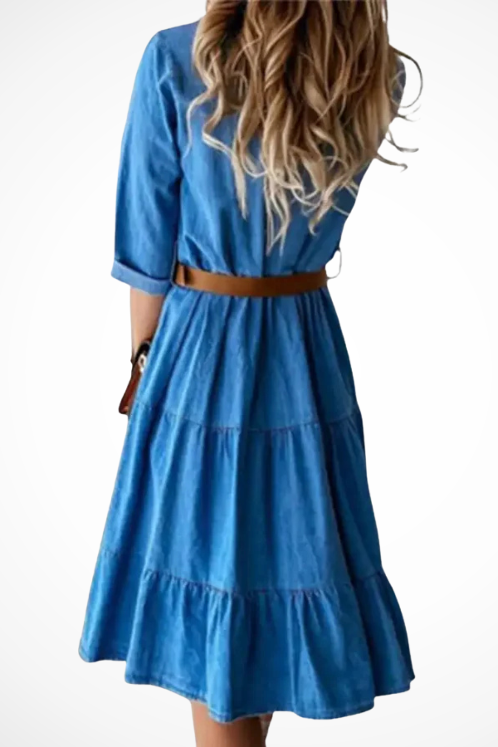 Abito chemisier midi da donna in denim a balze – con cintura, stile casual chic per tutti i giorni