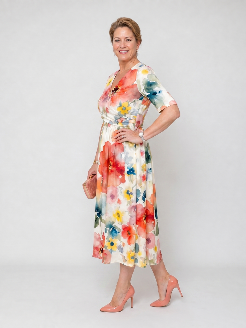 Abito midi floreale da donna con scollo a V e maniche corte - Leggero e femminile