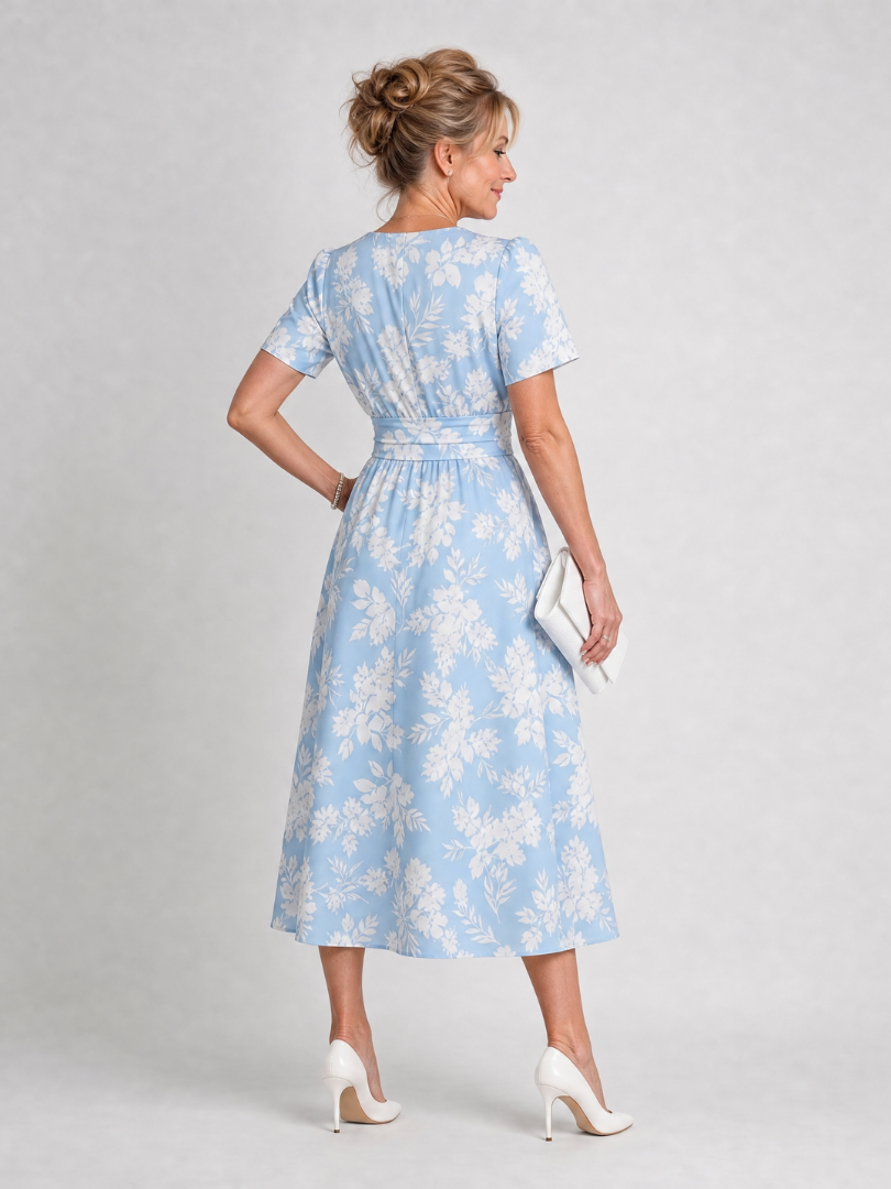 Abito midi floreale da donna con scollo a V e maniche corte - Fluido ed estivo