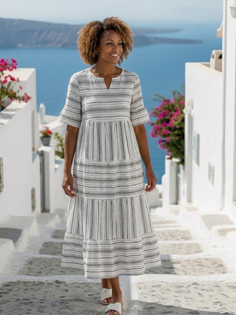 Abito midi da donna a righe con balze – Maniche corte e stile leggero