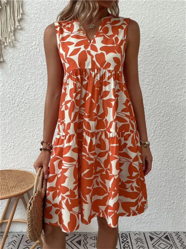 Abito midi floreale senza maniche da donna – Abito estivo con volant e scollo a V